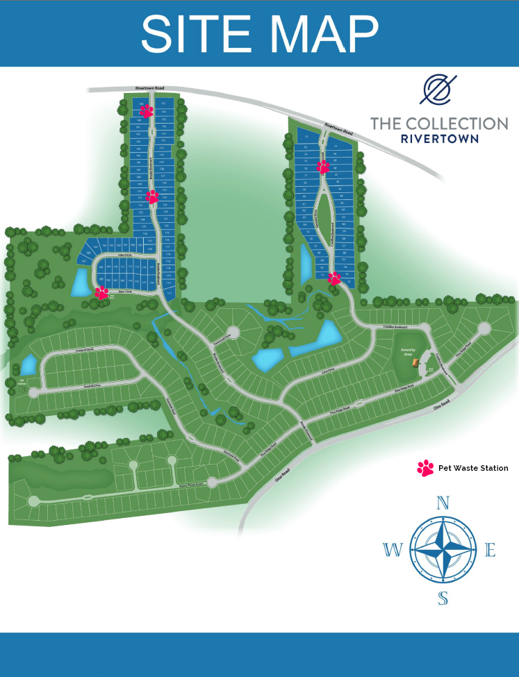Site map of The Collection at Rivertown showing home sites, roads, ponds, amenity area, and pet waste stations